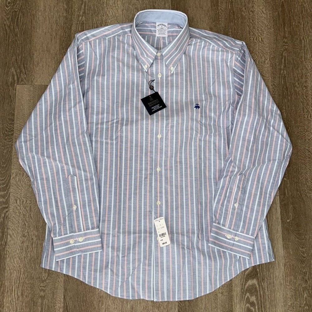 NWT Brooks Brothers Long Sleeve Button Down Regent Men's XL Blue Striped Stretch - Picture 2 of 7